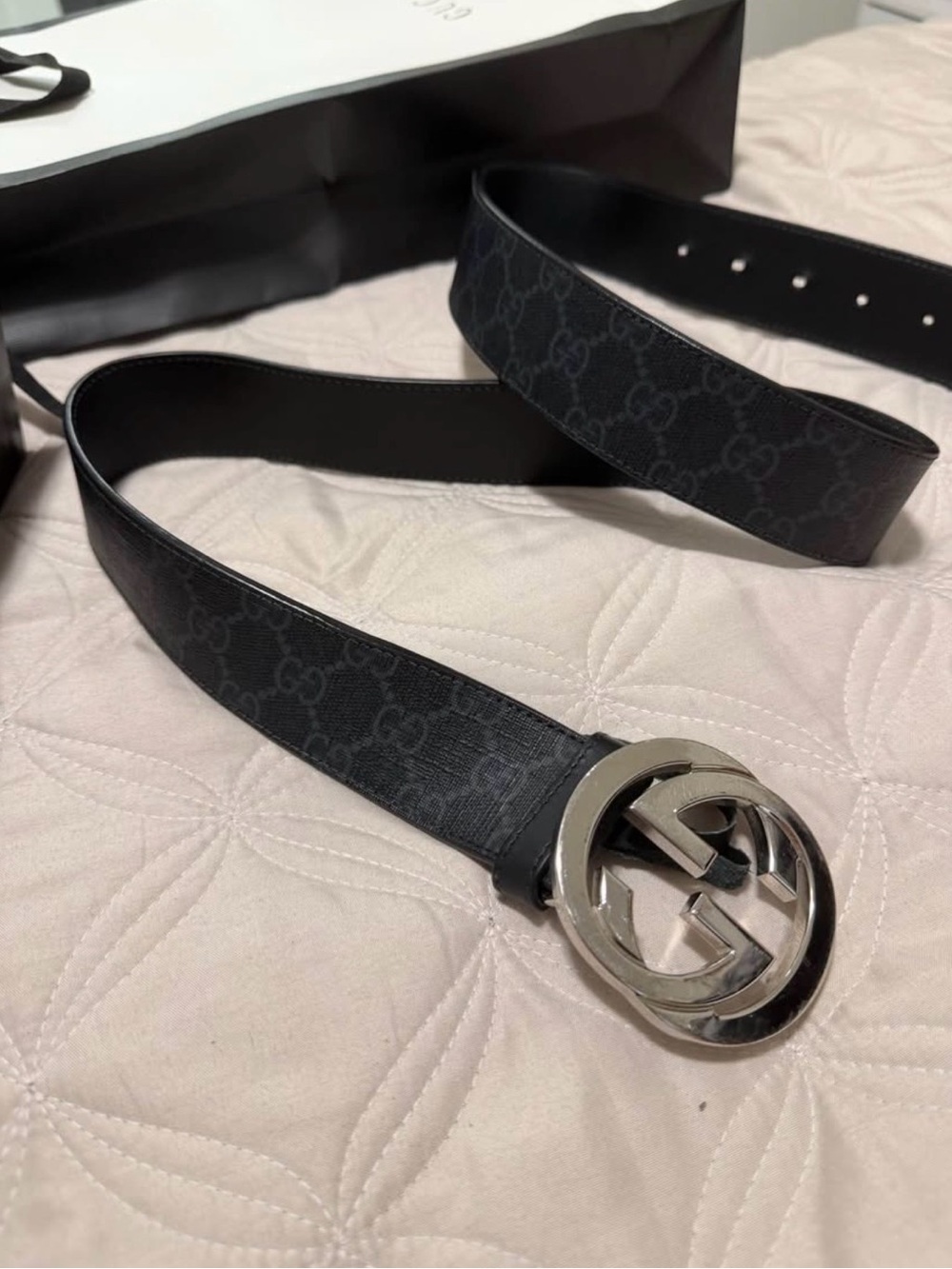 Gucci Black GG Canvas Belt with Silver Double G Buckle